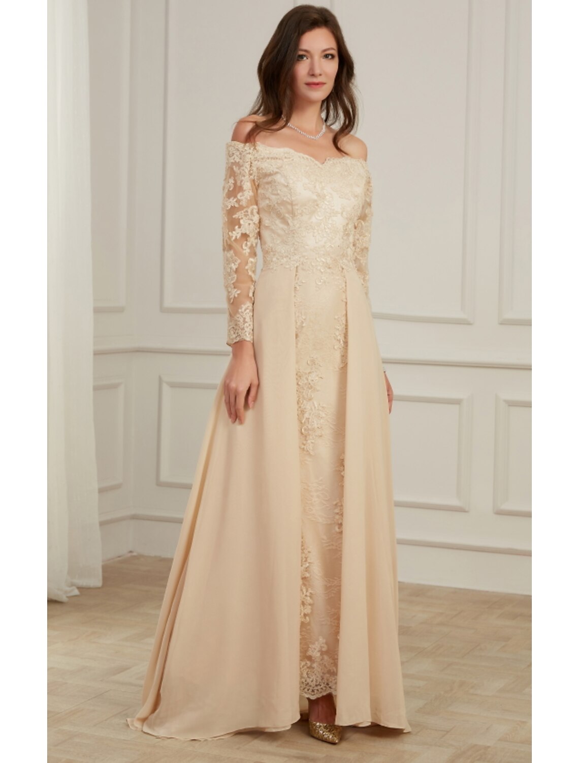 Wholesale  A-Line Evening Gown Elegant Dress Wedding Guest Formal Evening Floor Length Long Sleeve Off Shoulder Polyester with Overskirt Appliques