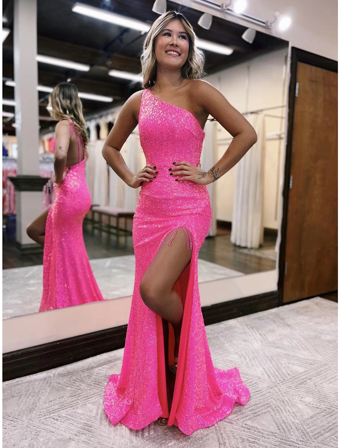 Wholesale  Mermaid / Trumpet Prom Dresses Sparkle & Shine Dress Formal Wedding Party Sweep / Brush Train Sleeveless One Shoulder Sequined Backless with Sequin Slit