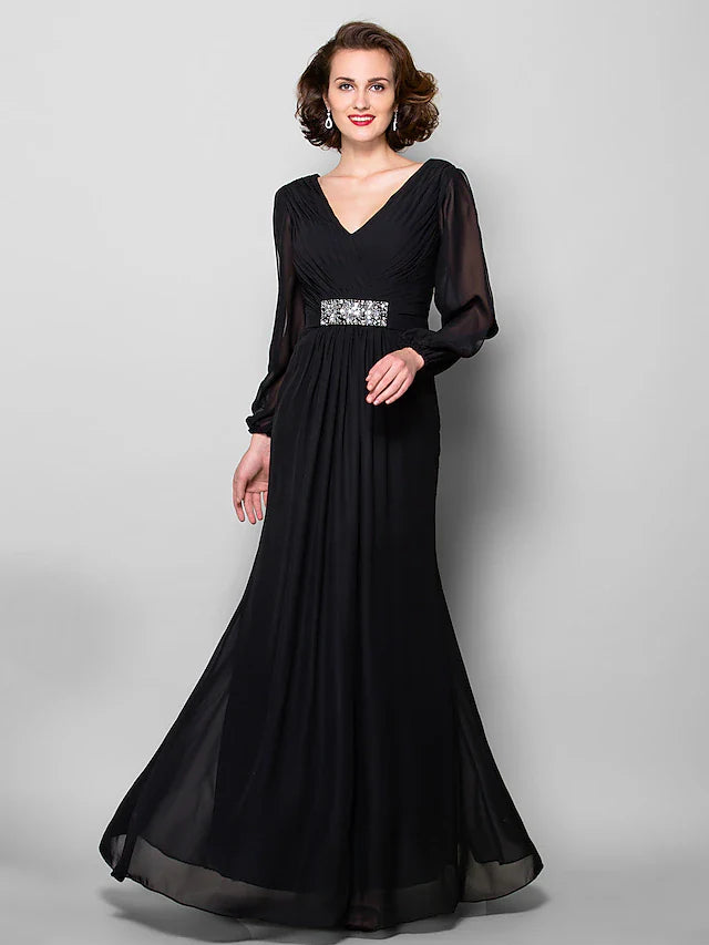 Wholesale A-Line Mother of the Bride Dress Open Back V Neck Floor Length Chiffon Long Sleeve with Criss Cross