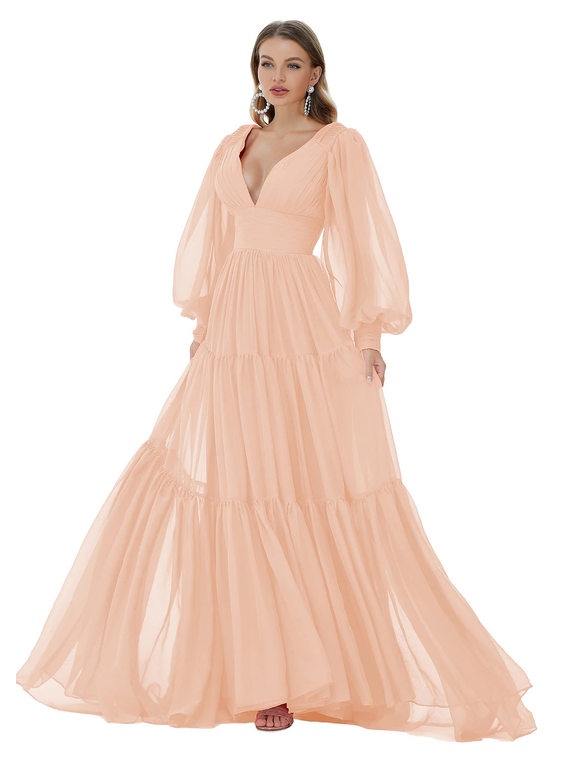 Wholesale  A-Line Prom Dresses Sexy Dress Party Wear Formal Evening Sweep / Brush Train Long Sleeve V Neck Chiffon with Ruched