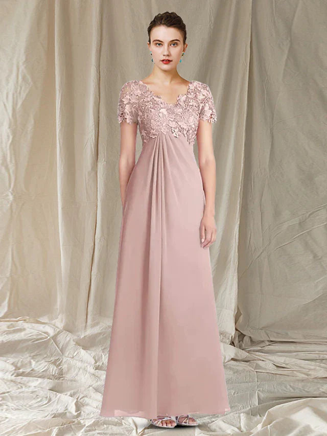 Wholesale A-Line Mother of the Bride Dress Elegant V Neck Floor Length Chiffon Lace Short Sleeve with Pleats Appliques
