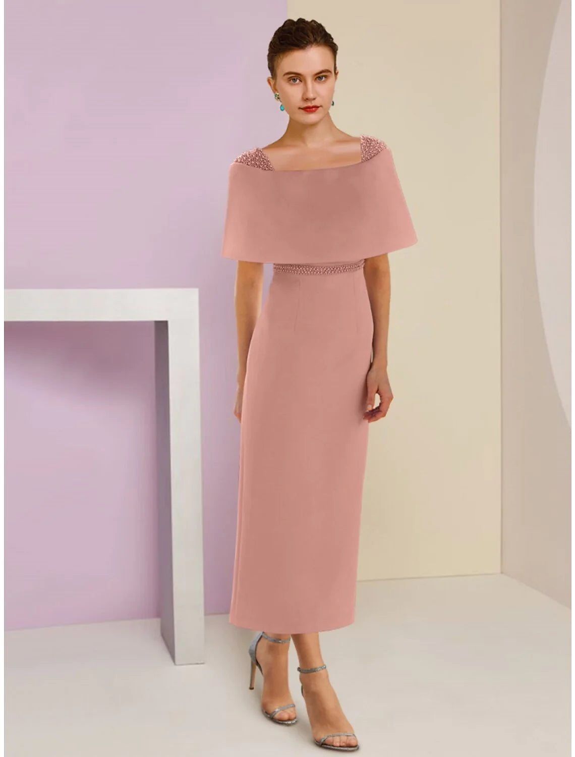 Wholesale A-Line Mother of the Bride Dress Wedding Guest Elegant Off Shoulder Ankle Length Stretch Fabric Short Sleeve with Beading Solid Color