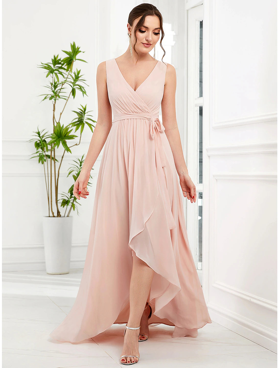 Wholesale  A-Line Wedding Guest Dresses Elegant Dress Party Wear Wedding Party Asymmetrical Sleeveless V Neck Bridesmaid Dress Chiffon with Ruffles Strappy