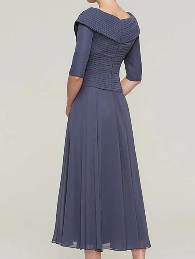 Wholesale A-Line Mother of the Bride Dress Plus Size V Neck Ankle Length Chiffon Half Sleeve with Pleats