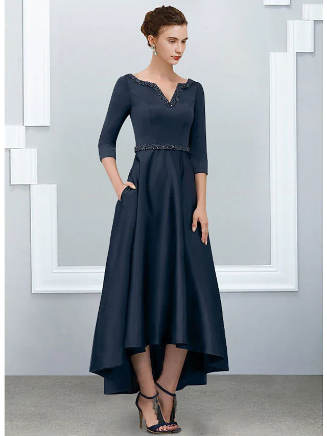 Wholesale A-Line Mother of the Bride Dress Elegant High Low V Neck Asymmetrical Ankle Length Satin Half Sleeve with Pleats