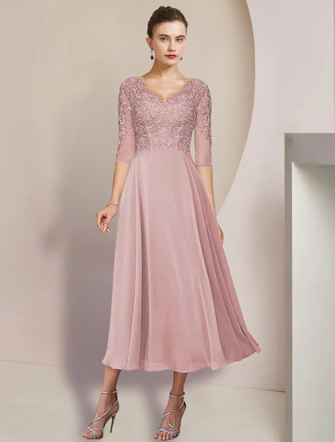 Wholesale  Two Piece A-Line Mother of the Bride Dress Formal Wedding Guest Elegant V Neck Tea Length Chiffon Lace 3/4 Length Sleeve Wrap Included with Appliques