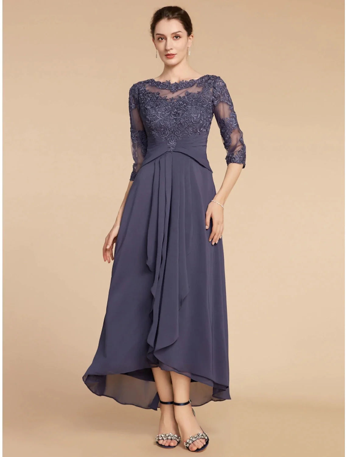 Wholesale A-Line Mother of the Bride Dress Wedding Guest Elegant Scoop Neck Ankle Length Chiffon Lace 3/4 Length Sleeve with Ruching Solid Color