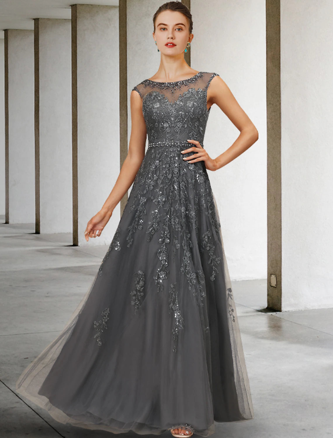 Wholesale  A-Line Mother of the Bride Dress Fall Wedding Guest Dresses Luxurious Elegant Jewel Neck Floor Length Lace Tulle Sleeveless with Sash / Ribbon Beading Sequin