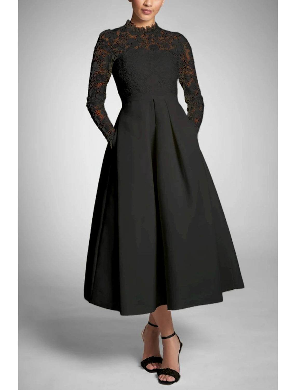 Wholesale Lace A-Line Cocktail White Black Dresses Sexy Dress Party Wear Fall Tea Length Long Sleeve High Neck Stretch Fabric with Pleats