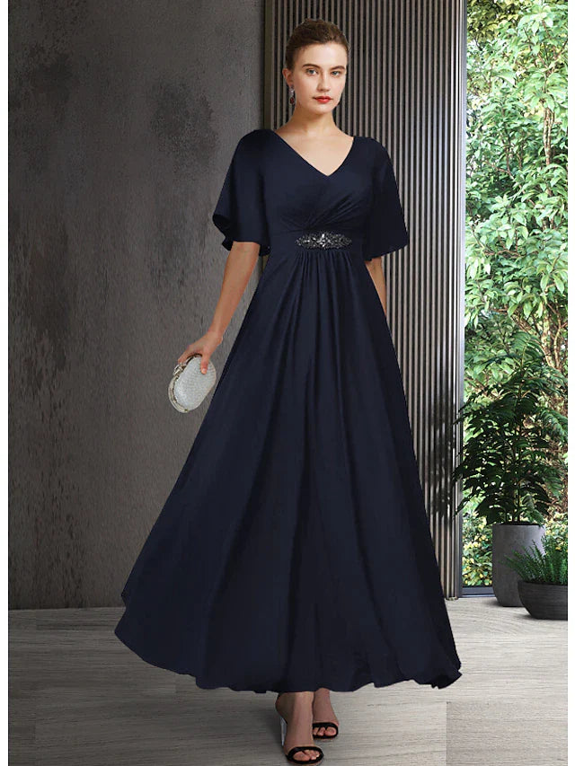 Wholesale A-Line Mother of the Bride Dress Elegant V Neck Ankle Length Chiffon Half Sleeve with Pleats Crystal Brooch