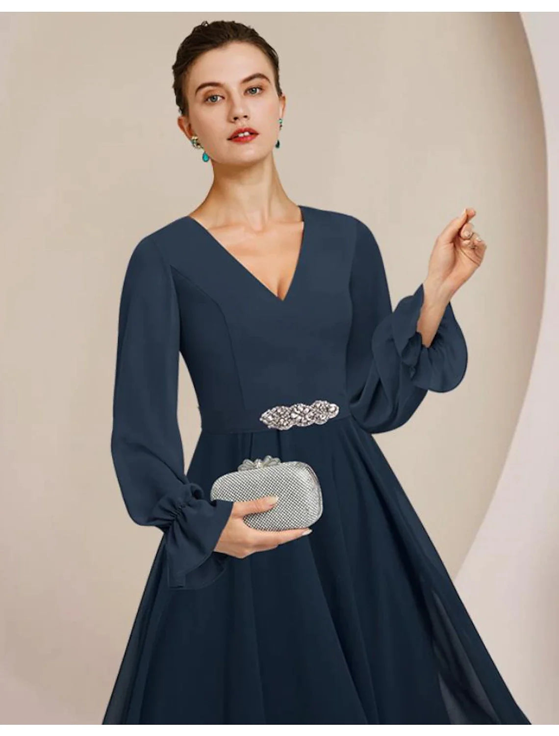 Wholesale A-Line Mother of the Bride Dress Formal Wedding Guest Elegant High Low Scoop Neck V Neck Asymmetrical Tea Length Chiffon Long Sleeve with Crystal Brooch