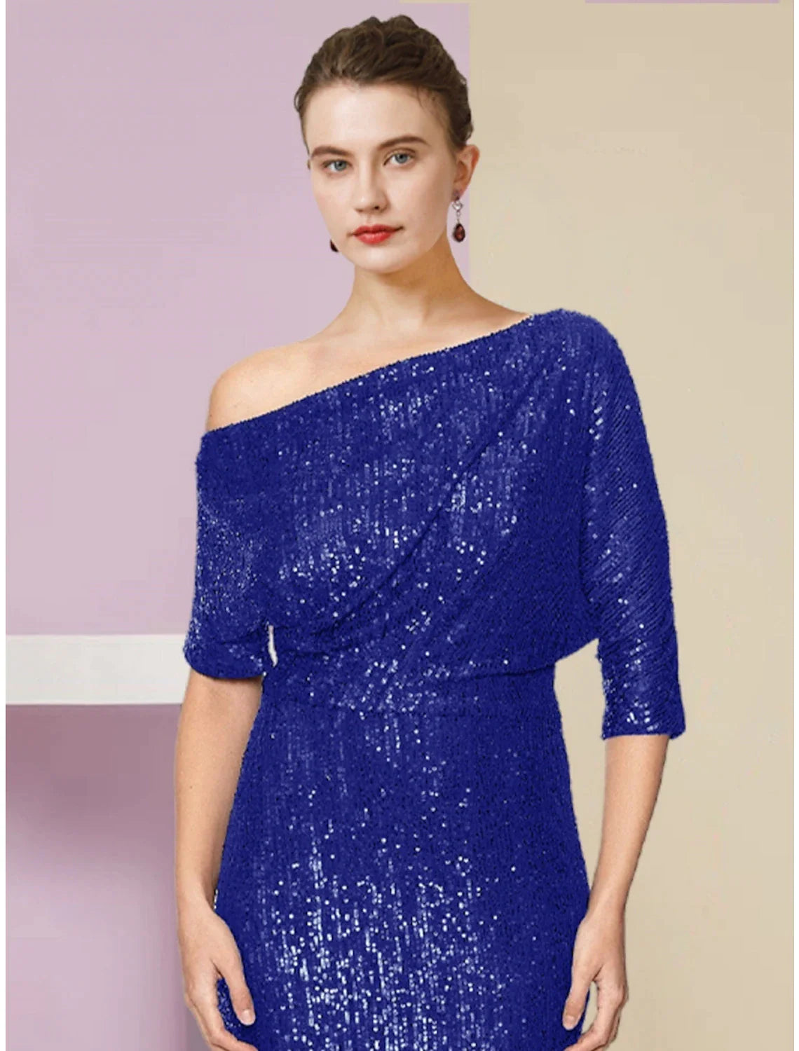 Wholesale Sheath / Column Mother of the Bride Dress Wedding Guest Sparkle & Shine Elegant Off Shoulder Sweep / Brush Train Sequined Half Sleeve with Sequin Ruching Solid Color