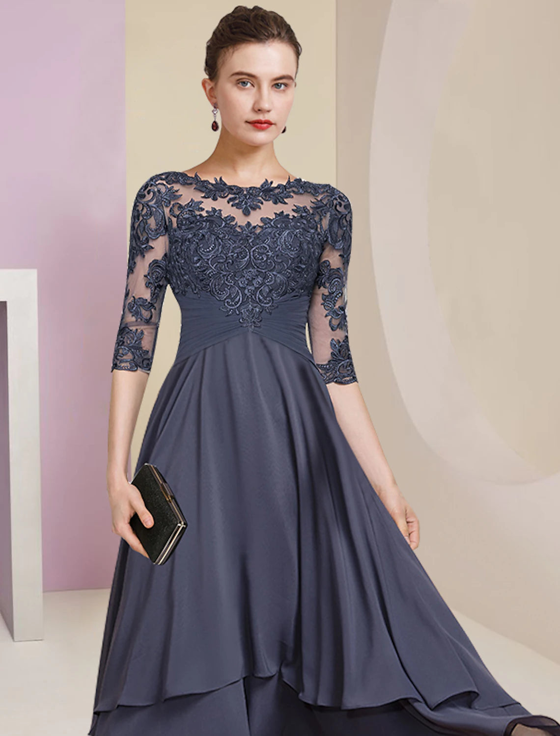 Wholesale  Sheath / Column Mother of the Bride Dress Wedding Guest Party Elegant High Low Jewel Neck Asymmetrical Chiffon Lace Half Sleeve with Pleats Solid