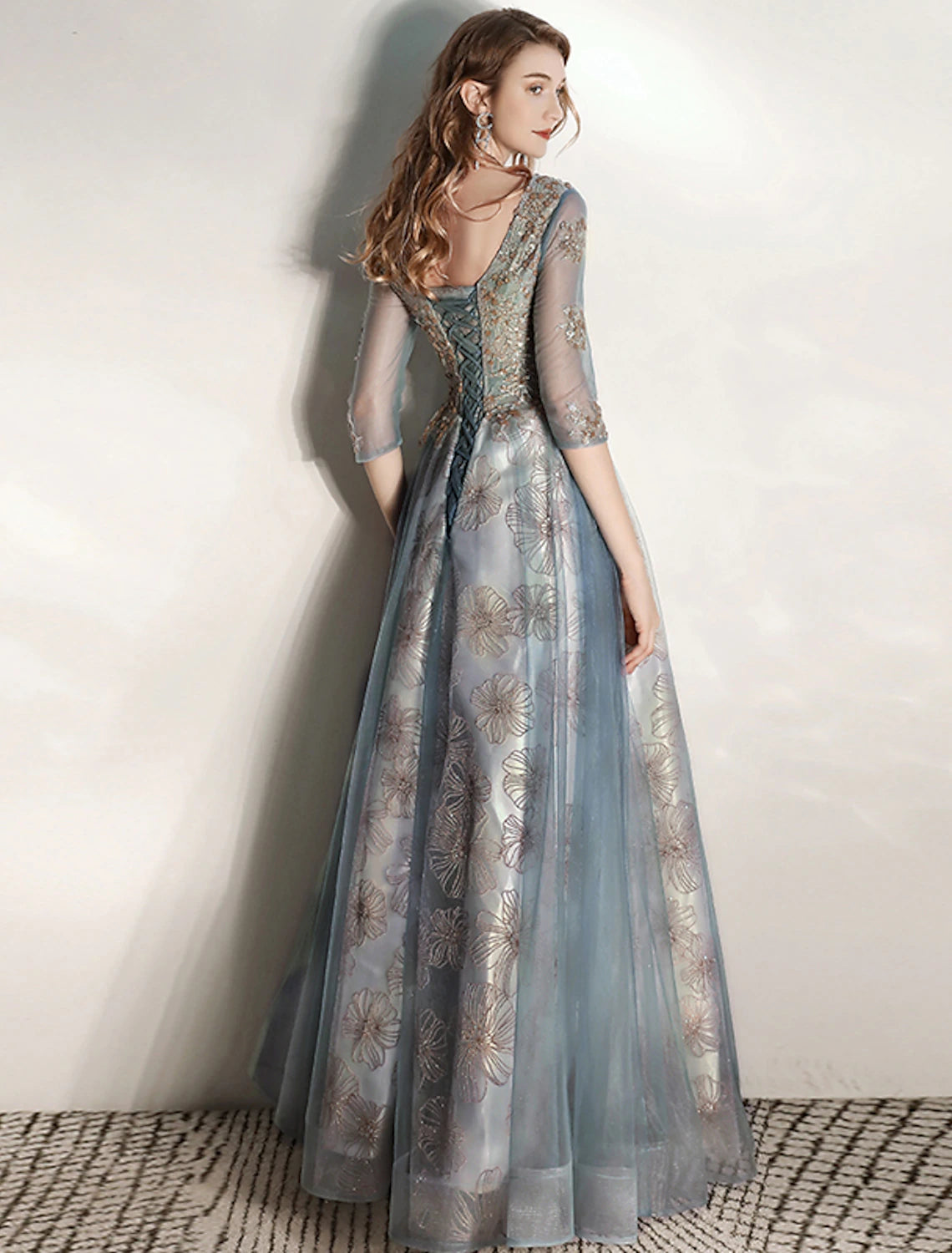 Wholesale  A-Line Prom Dresses Floral Dress Engagement Prom Floor Length Half Sleeve V Neck Tulle with Pleats Pattern / Print Appliques