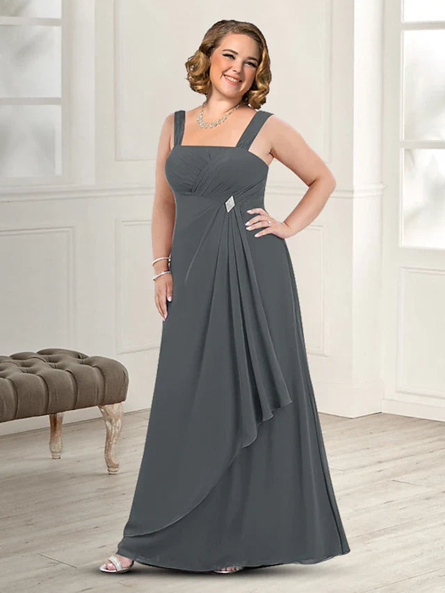 Wholesale Two Piece A-Line Mother of the Bride Dress Plus Size Elegant Square Neck Floor Length Chiffon Sleeveless Jacket Dresses with Pleats