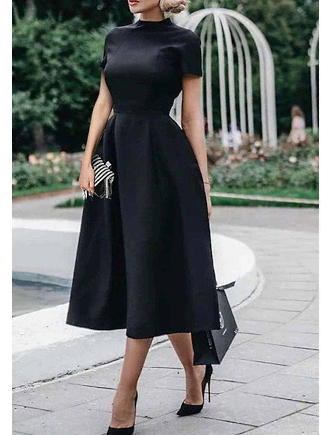 Wholesale A-Line Wedding Guest Dresses Minimalist Dress Party Dress Wedding Party Tea Length Short Sleeve High Neck Stretch Satin with Pleats Pure Color