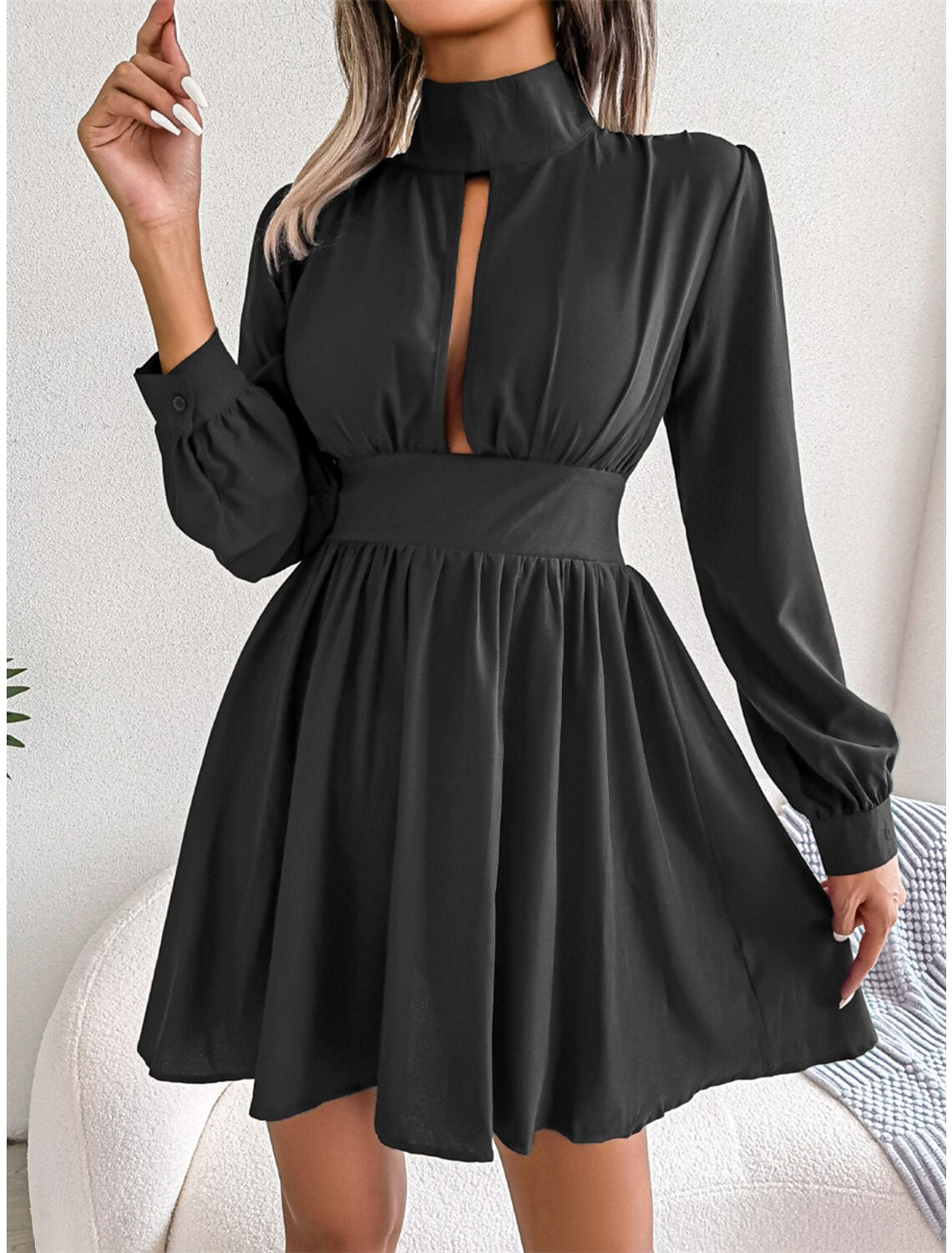 Wholesale Women‘s Christmas Party Dress Cut Out Dress Cocktail Dress Mini Dress Black White Wine Long Sleeve Pure Color Ruched Spring Fall Winter Stand Collar Fashion Wedding Guest Birthday Vacation
