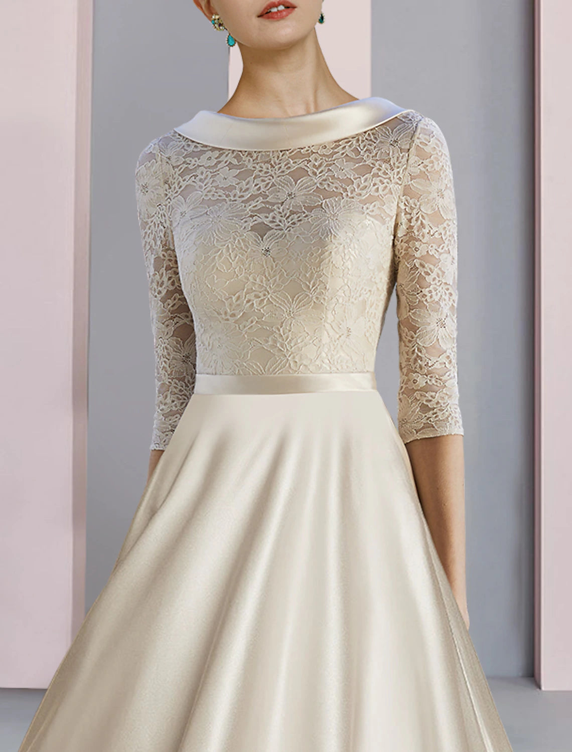 Wholesale  Sheath / Column Mother of the Bride Dress Wedding Guest Party Elegant Scoop Neck Tea Length Satin Lace Half Sleeve with Bow(s) Pleats