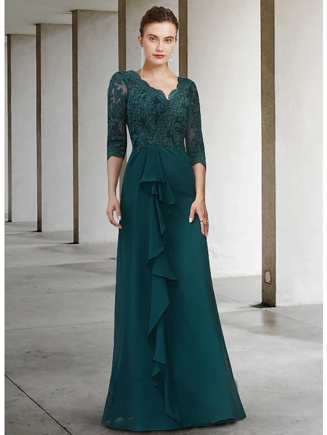 Wholesale A-Line Mother of the Bride Dress Elegant V Neck Floor Length Chiffon Lace Half Sleeve with Draping Appliques