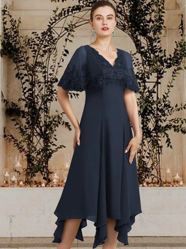 Wholesale A-Line Mother of the Bride Dress Plus Size Elegant High Low V Neck Asymmetrical Tea Length Chiffon Lace Sleeveless with Appliques