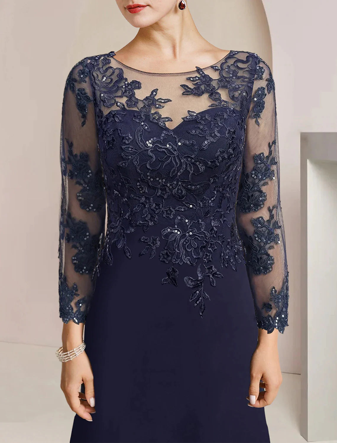 Wholesale Mermaid / Trumpet Mother of the Bride Dress Formal Wedding Guest Party Elegant Scoop Neck Sweep / Brush Train Chiffon Sequined Long Sleeve with Sequin Ruffles Appliques