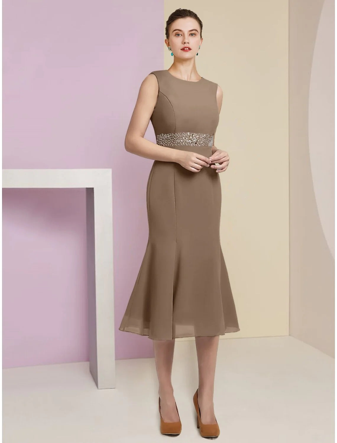 Wholesale Mermaid / Trumpet Mother of the Bride Dress Wedding Guest Elegant Scoop Neck Tea Length Chiffon Long Sleeve with Crystals Ruching