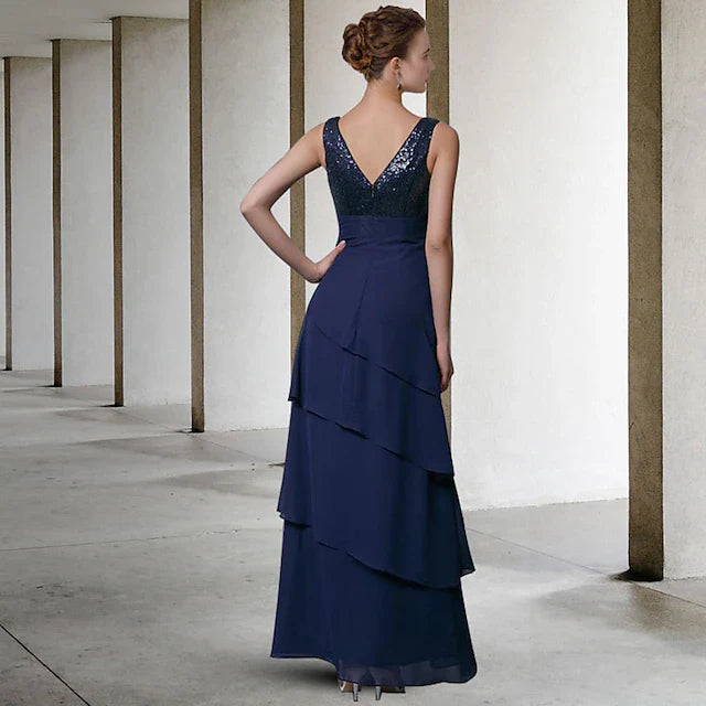 Wholesale A-Line Mother of the Bride Dress Elegant V Neck Floor Length Chiffon Sequined Sleeveless Wrap Included with Sequin Ruffles
