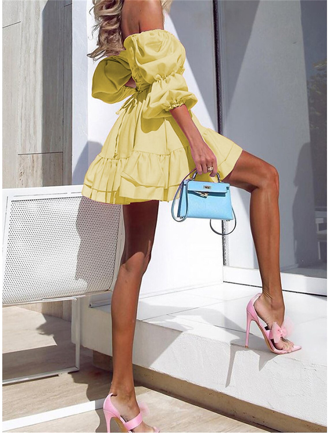 Wholesale Women's Party Dress Homecoming Dress Wedding Guest Dress Mini Dress Yellow Pink Red Short Sleeve Pure Color Lace up Summer Spring Off Shoulder Fashion Birthday Wedding Guest Vacation