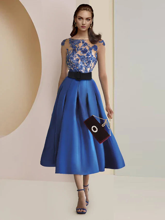 Wholesale A-Line Mother of the Bride Dress Formal Wedding Guest Party Elegant Scoop Neck Tea Length Satin Lace Cap Sleeve with Pleats Appliques