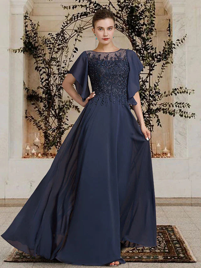 Wholesale A-Line Mother of the Bride Dress Elegant Jewel Neck Floor Length Chiffon Lace Short Sleeve with Beading Appliques