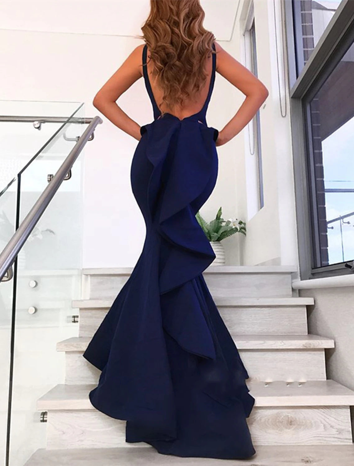 Wholesale Mermaid / Trumpet Evening Gown Open Back Dress Formal Wedding Guest Court Train Sleeveless V Neck Stretch Fabric with Bow(s) Ruffles