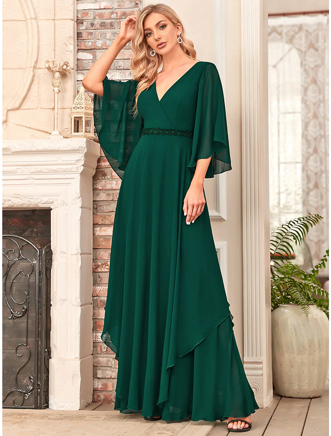 Wholesale A-Line Mother of the Bride Dress Elegant V Neck Floor Length Chiffon Half Sleeve with Sash / Ribbon