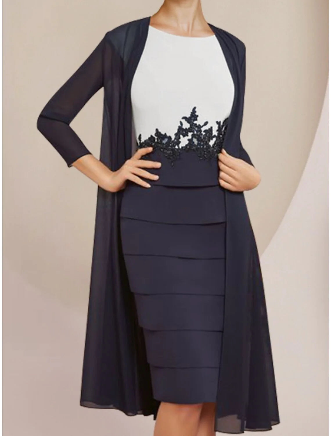 Wholesale Two Piece Sheath / Column Mother of the Bride Dress Wedding Guest Elegant Petite Scoop Neck Knee Length Chiffon Lace Long Sleeve with Ruching