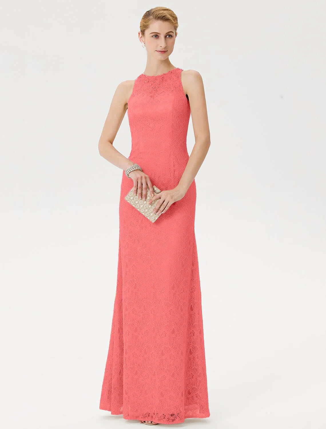 Wholesale Sheath / Column Mother of the Bride Dress Elegant See Through Illusion Neck Floor Length Lace Sleeveless with Crystals Beading