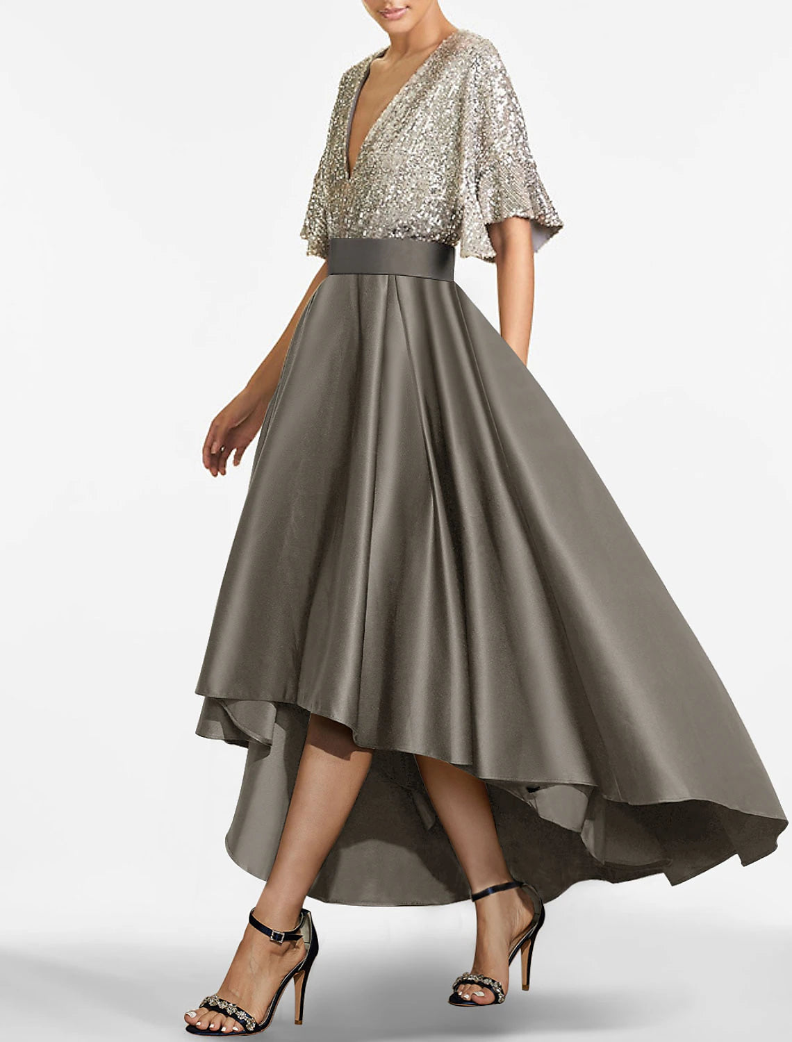 Wholesale A-Line Cocktail Dresses Red Green Dress Cocktail Party Semi Formal Asymmetrical Short Sleeve Jewel Neck Fall Wedding Guest Satin with Sequin