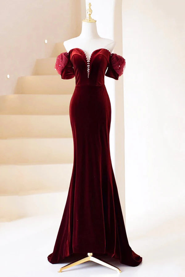 Wholesale Burgundy Velvet Long Prom Dress Burgundy Off Shoulder Pearl Evening Dress