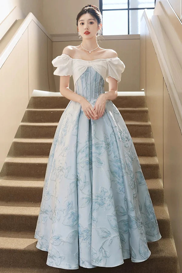 Wholesale White and Blue Printed Floor Length Prom Dress Lovely Short Sleeve Formal Evening Dress