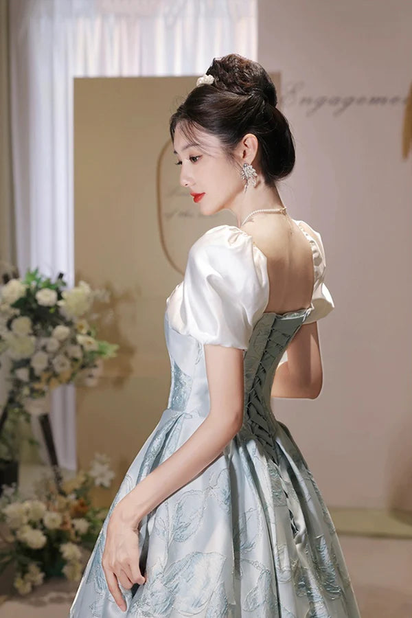 Wholesale White and Blue Printed Floor Length Prom Dress Lovely Short Sleeve Formal Evening Dress