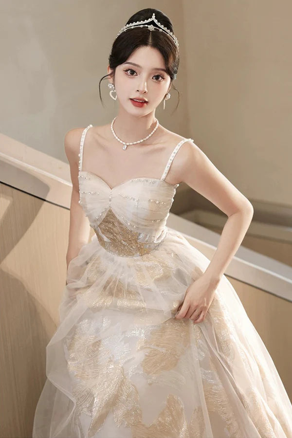 Wholesale Champagne Spaghetti Strap Tulle Formal Dress A-Line Sweetheart Neck Evening Party Dress