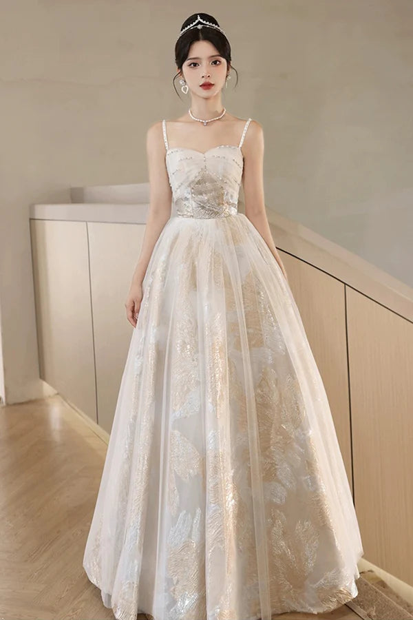 Wholesale Champagne Spaghetti Strap Tulle Formal Dress A-Line Sweetheart Neck Evening Party Dress