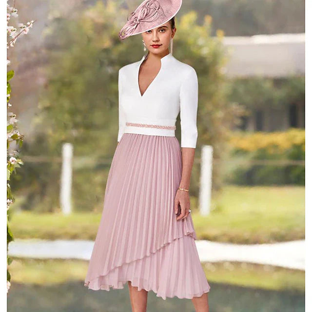 Wholesale A-Line Mother of the Bride Dress Elegant High Low V Neck Asymmetrical Tea Length Chiffon Satin Short Sleeve with Sash / Ribbon Pleats Color Block