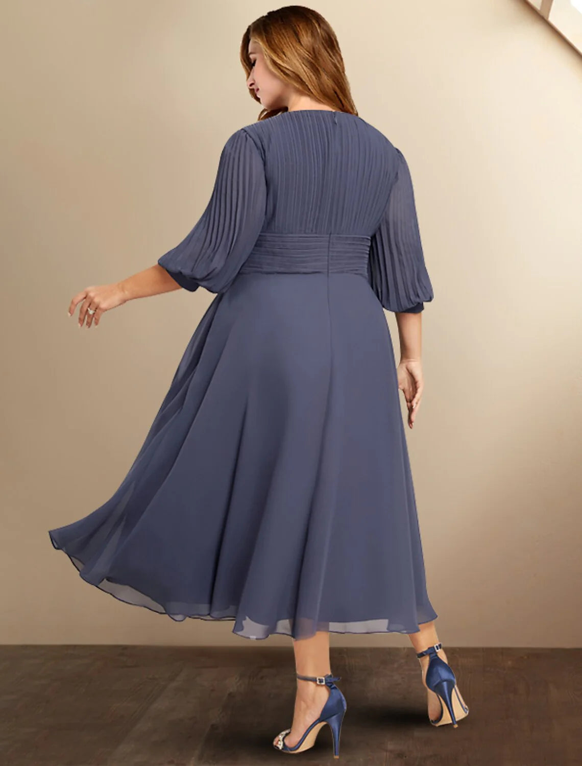 Wholesale A-Line Mother of the Bride Dresses Plus Size Hide Belly Curve Elegant Dress Formal Tea Length Half Sleeve V Neck Chiffon with Pleats Ruched Fall