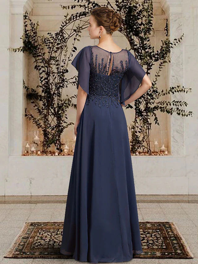 Wholesale A-Line Mother of the Bride Dress Elegant Jewel Neck Floor Length Chiffon Lace Short Sleeve with Beading Appliques