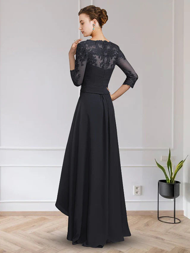 Wholesale A-Line Mother of the Bride Dress Elegant High Low V Neck Asymmetrical Floor Length Chiffon Lace Half Sleeve with Appliques Ruching