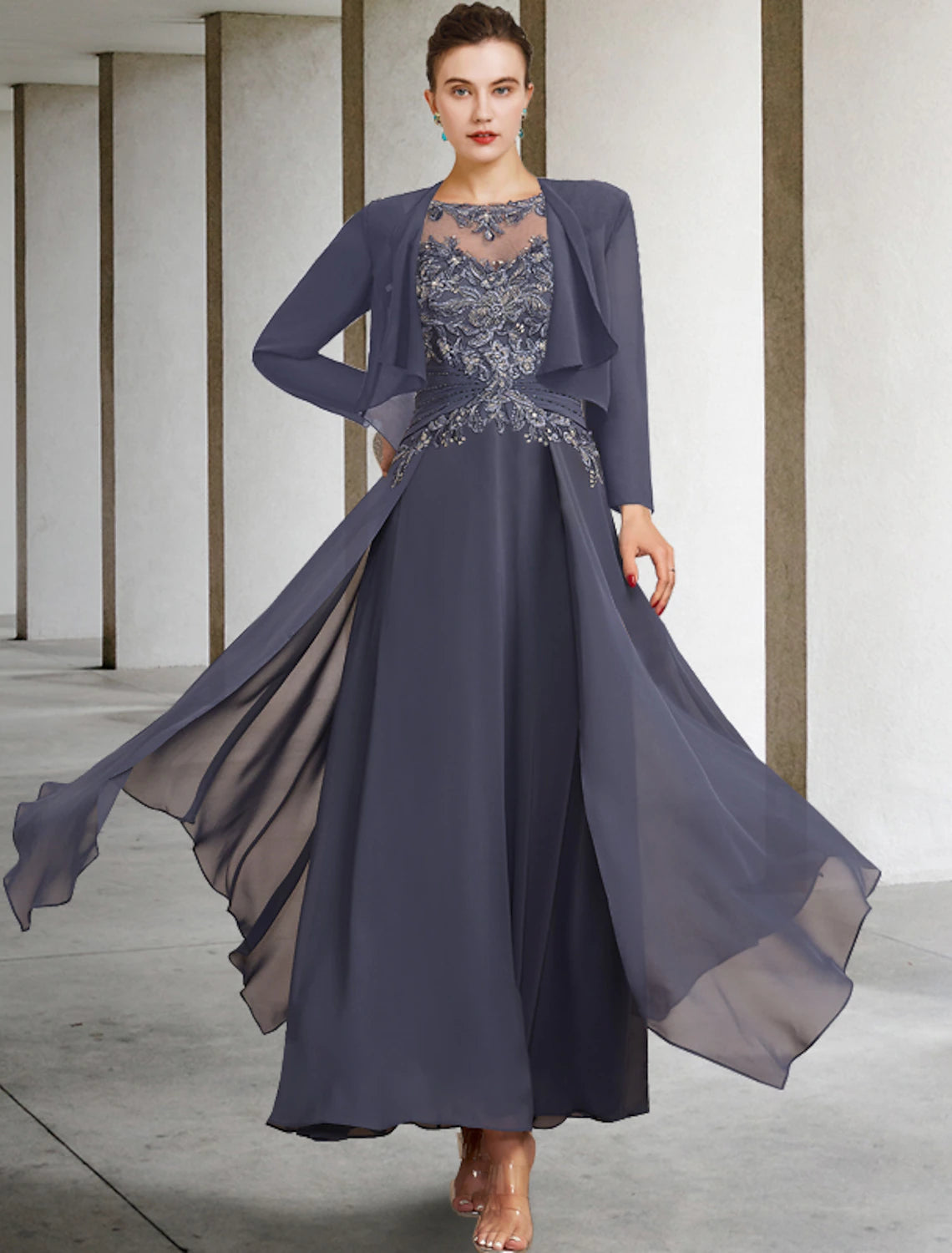 Wholesale  Two Piece A-Line Plus Size Curve Mother of the Bride Dress Wedding Guest Elegant Jewel Neck Ankle Length Chiffon Lace Short Sleeve Fall Wrap Included with Ruched Appliques