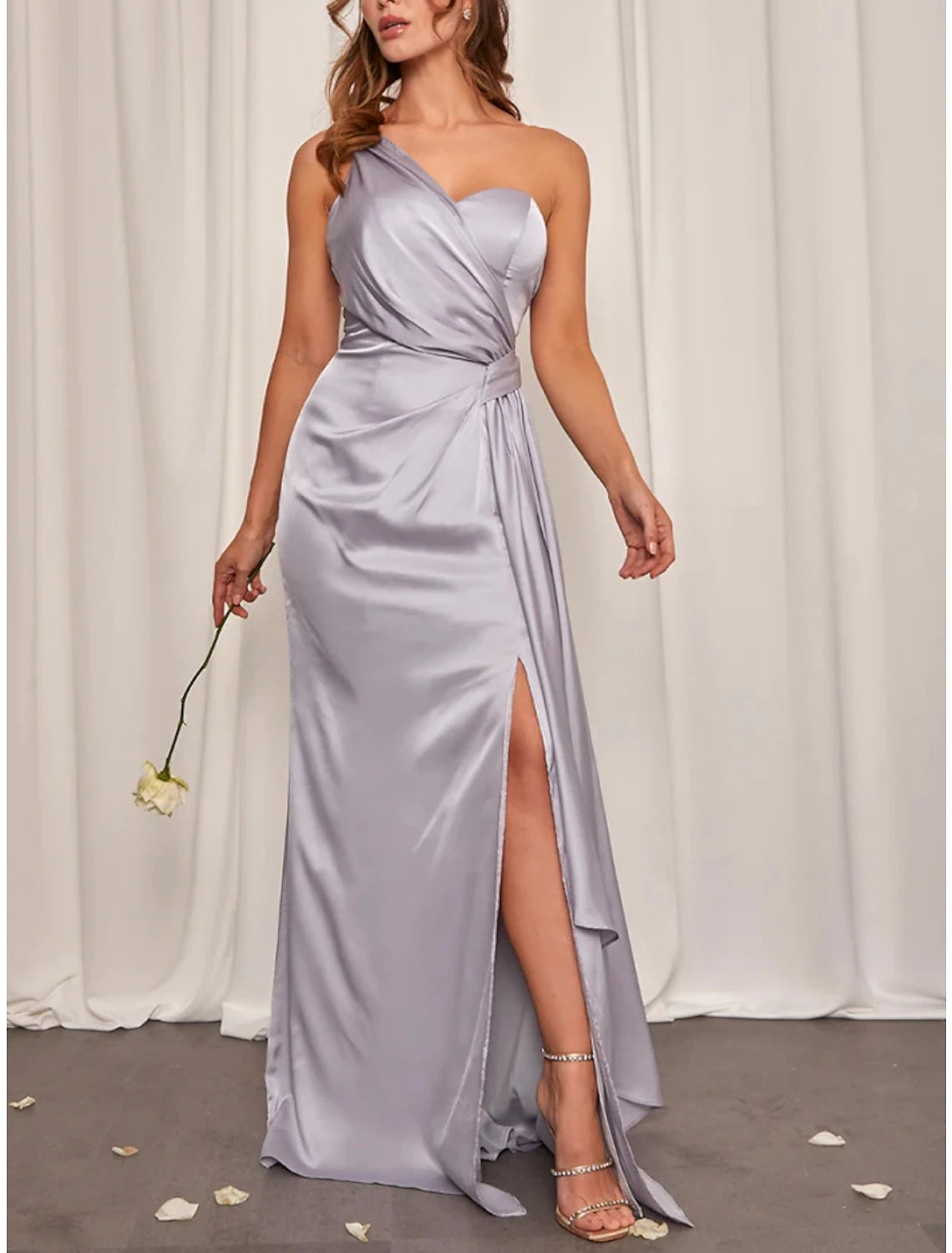 Wholesale Sheath / Column Bridesmaid Dress One Shoulder Sleeveless Elegant Sweep / Brush Train Stretch Satin with Split Front / Ruching