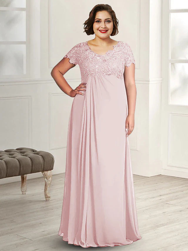 Wholesale A-Line Mother of the Bride Dress Plus Size Elegant Jewel Neck Floor Length Chiffon Lace Short Sleeve with Pleats Appliques