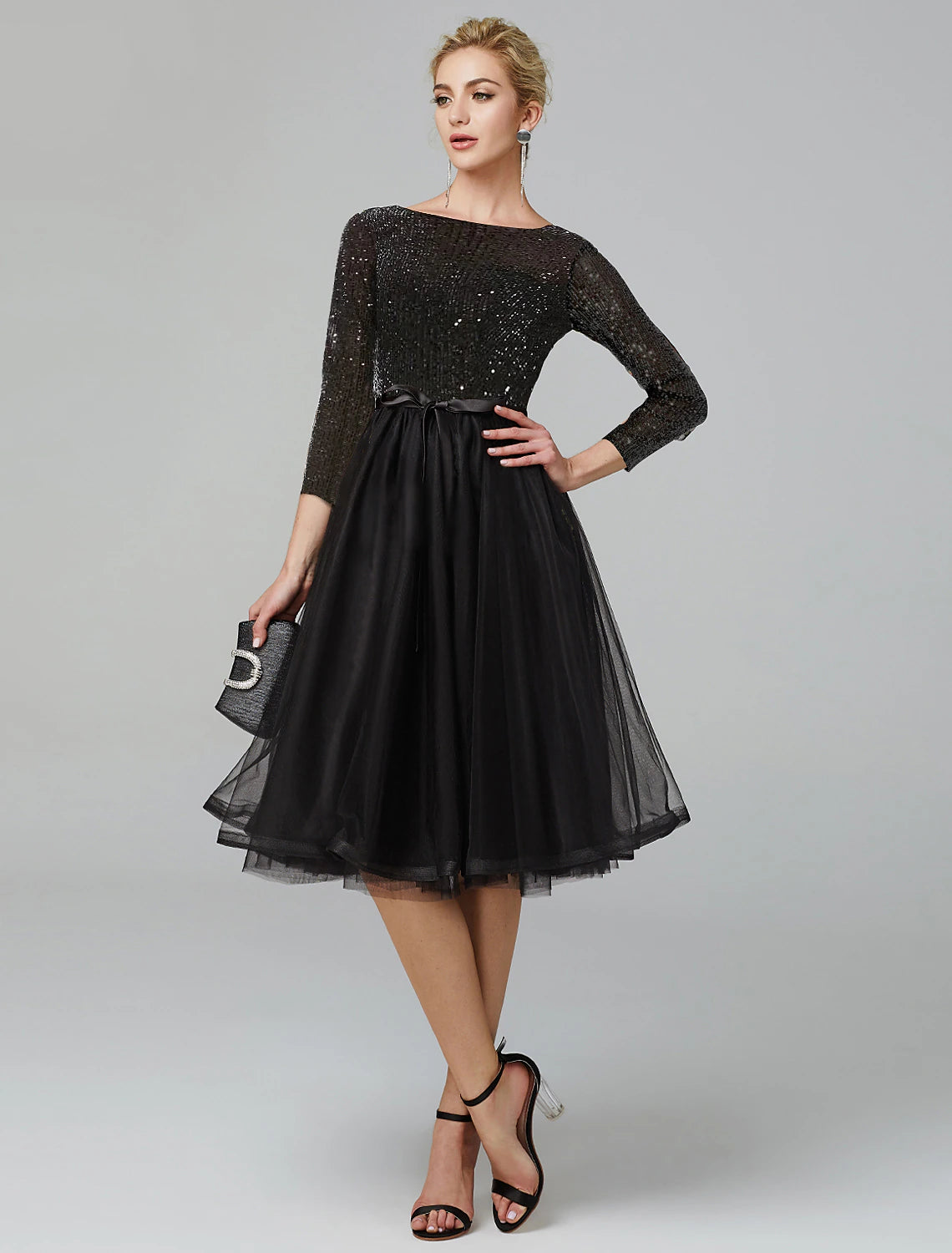 Wholesale A-Line Cocktail Dresses Sparkle & Shine Dress Formal Wedding Guest Tea Length 3/4 Length Sleeve Jewel Neck Fall Wedding Guest Tulle with Sequin Strappy