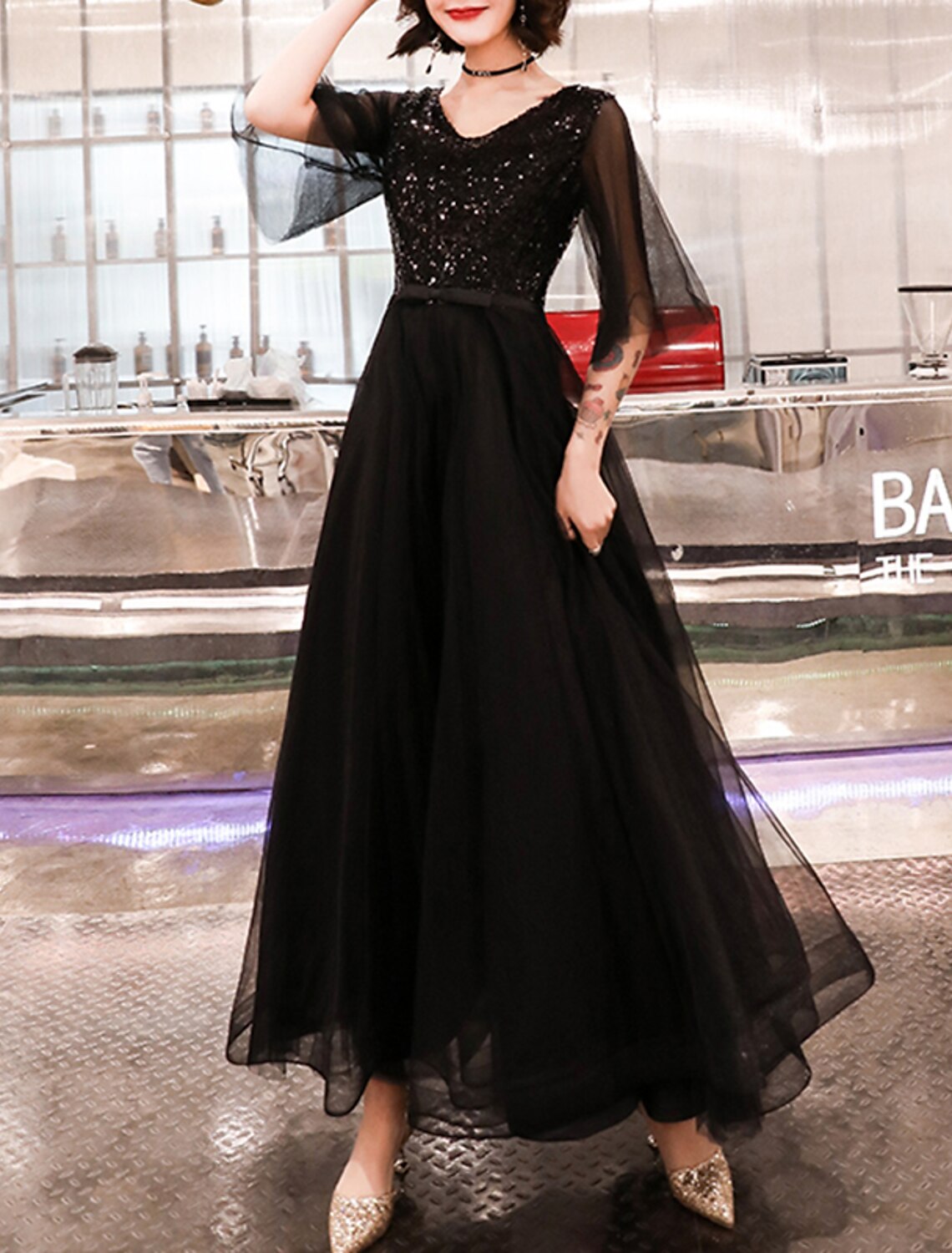 Wholesale A-Line Evening Gown Sparkle Dress Wedding Guest Formal Evening Floor Length Half Sleeve V Neck Tulle with Sequin