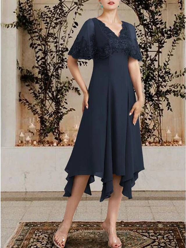 Wholesale A-Line Mother of the Bride Dress Plus Size Elegant High Low V Neck Asymmetrical Tea Length Chiffon Lace Sleeveless with Appliques